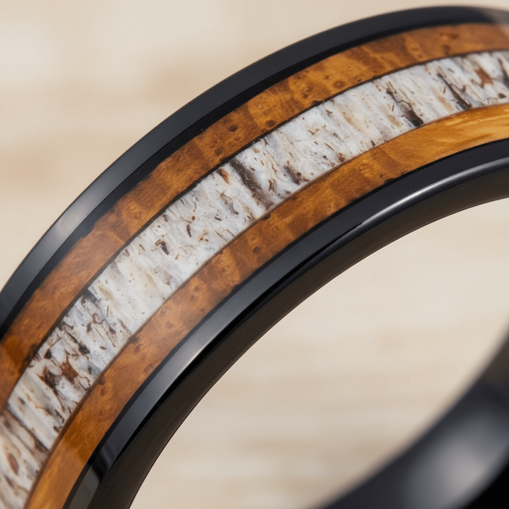 DEERWOOD — Extreme macro detail — men's tungsten wedding ring.