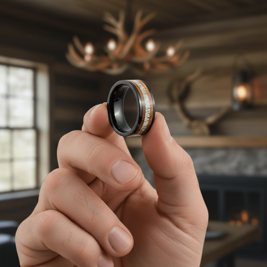 DEERWOOD — Held between fingers close-up — men's tungsten wedding ring.