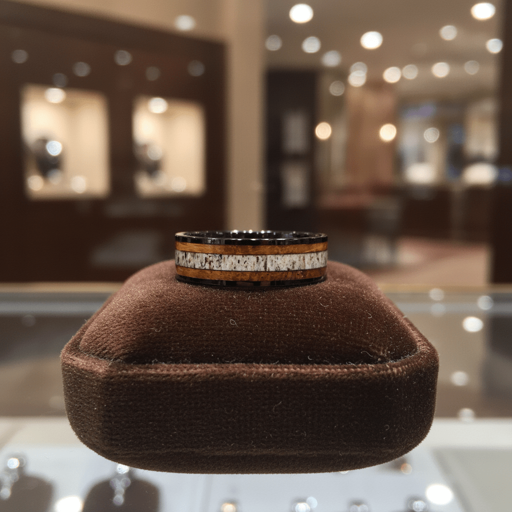 DEERWOOD — Premium boutique display on velvet — men's tungsten wedding ring.