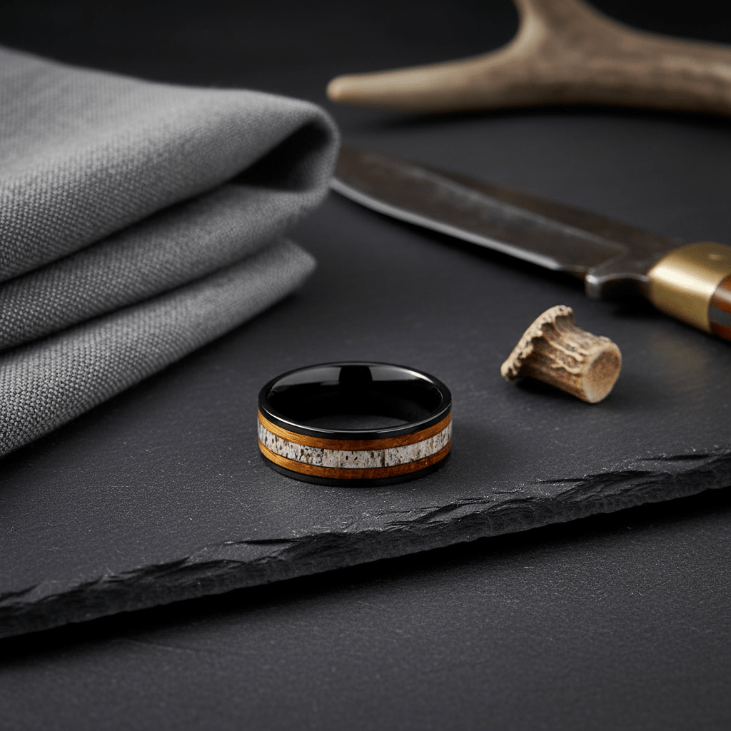 DEERWOOD — Editorial masculine still life — men's tungsten wedding ring.