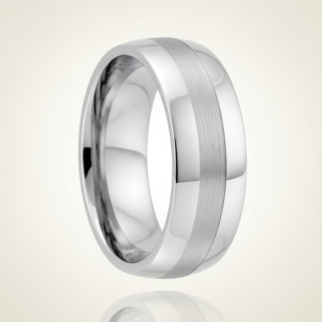DEFIANCE silver tungsten domed wedding band with a single brushed vertical stripe running around the center and polished sides, studio hero shot