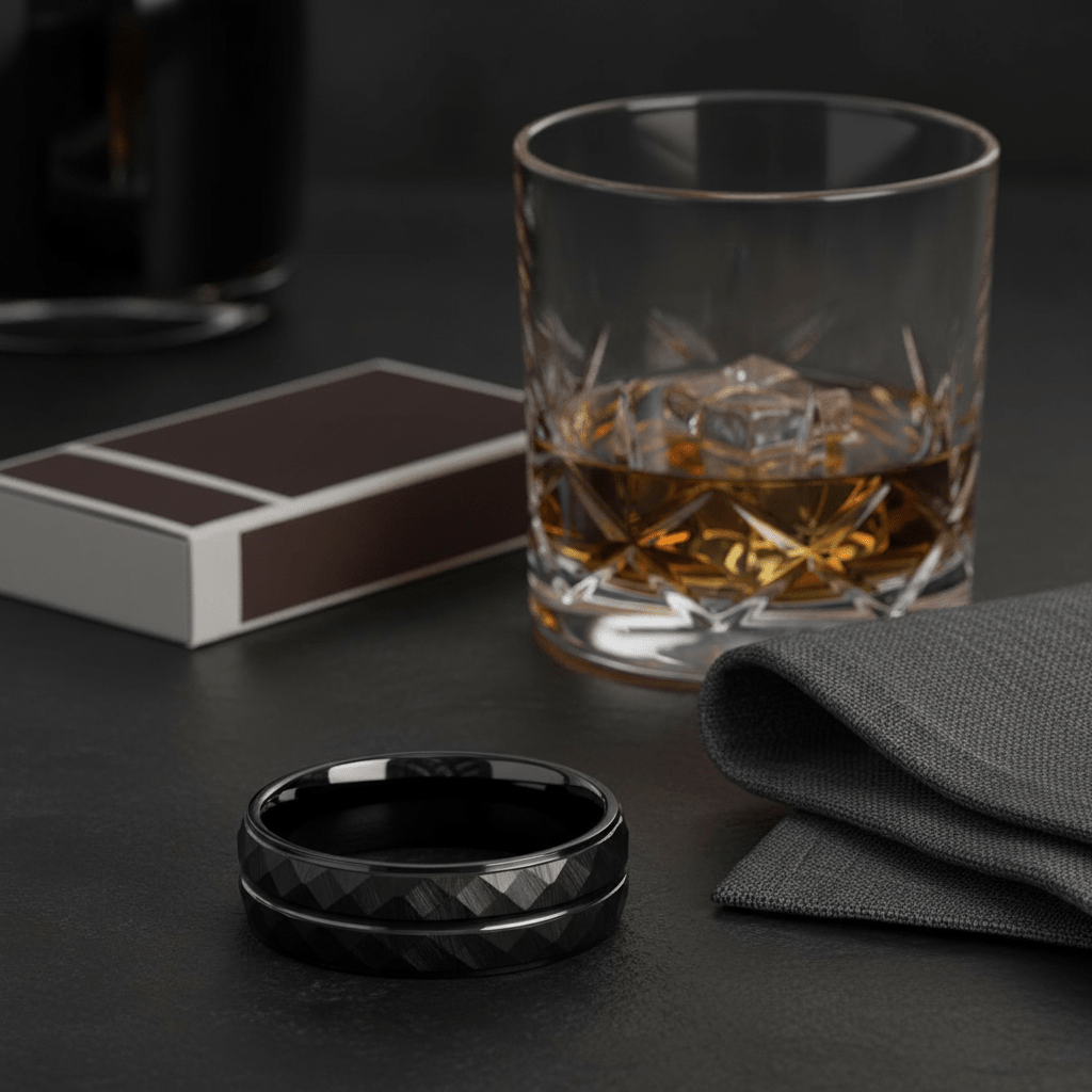 DEIMOS — Editorial masculine still life — men's tungsten wedding ring.
