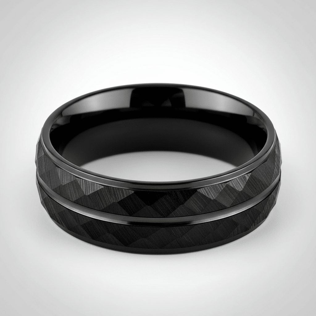 DEIMOS — Center-through axial view — men's tungsten wedding ring.