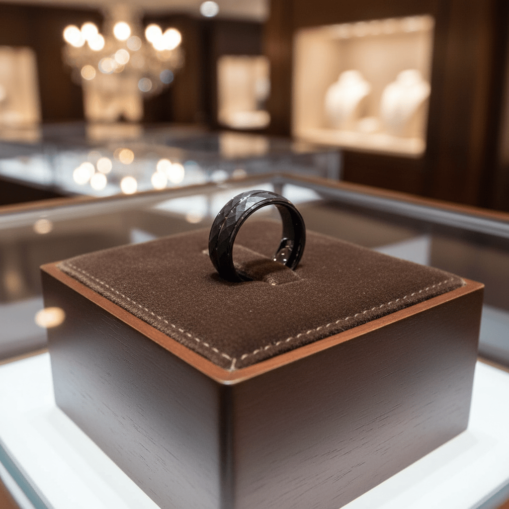 DEIMOS — Premium boutique display on velvet — men's tungsten wedding ring.