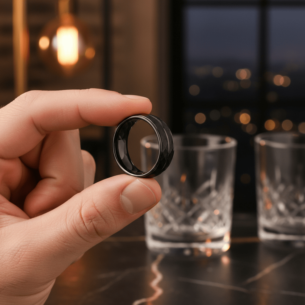 DEIMOS — Held between fingers close-up — men's tungsten wedding ring.