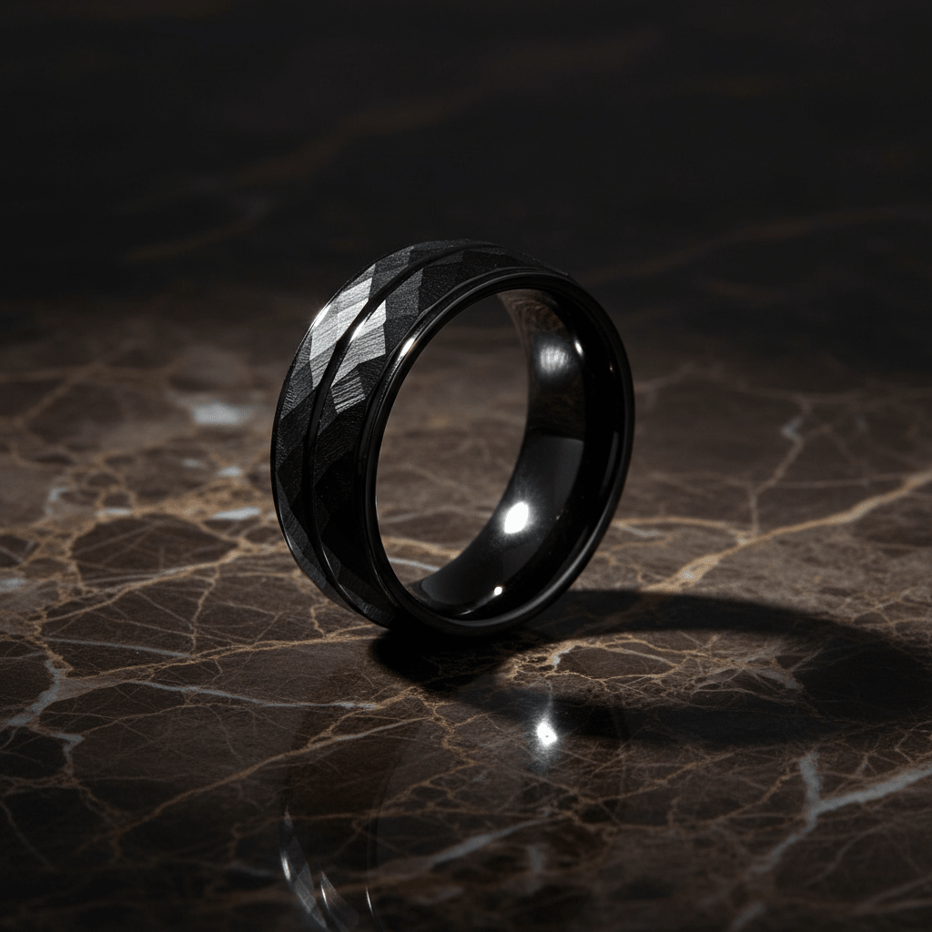 DEIMOS — Luxury 3/4 angle on dark marble — men's tungsten wedding ring.