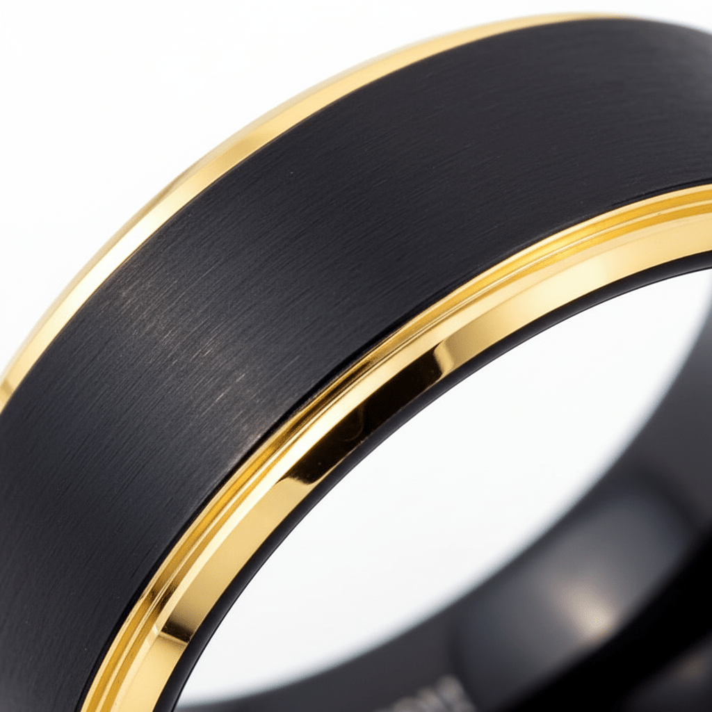 DEIMOS — Extreme macro detail — men's tungsten wedding ring.
