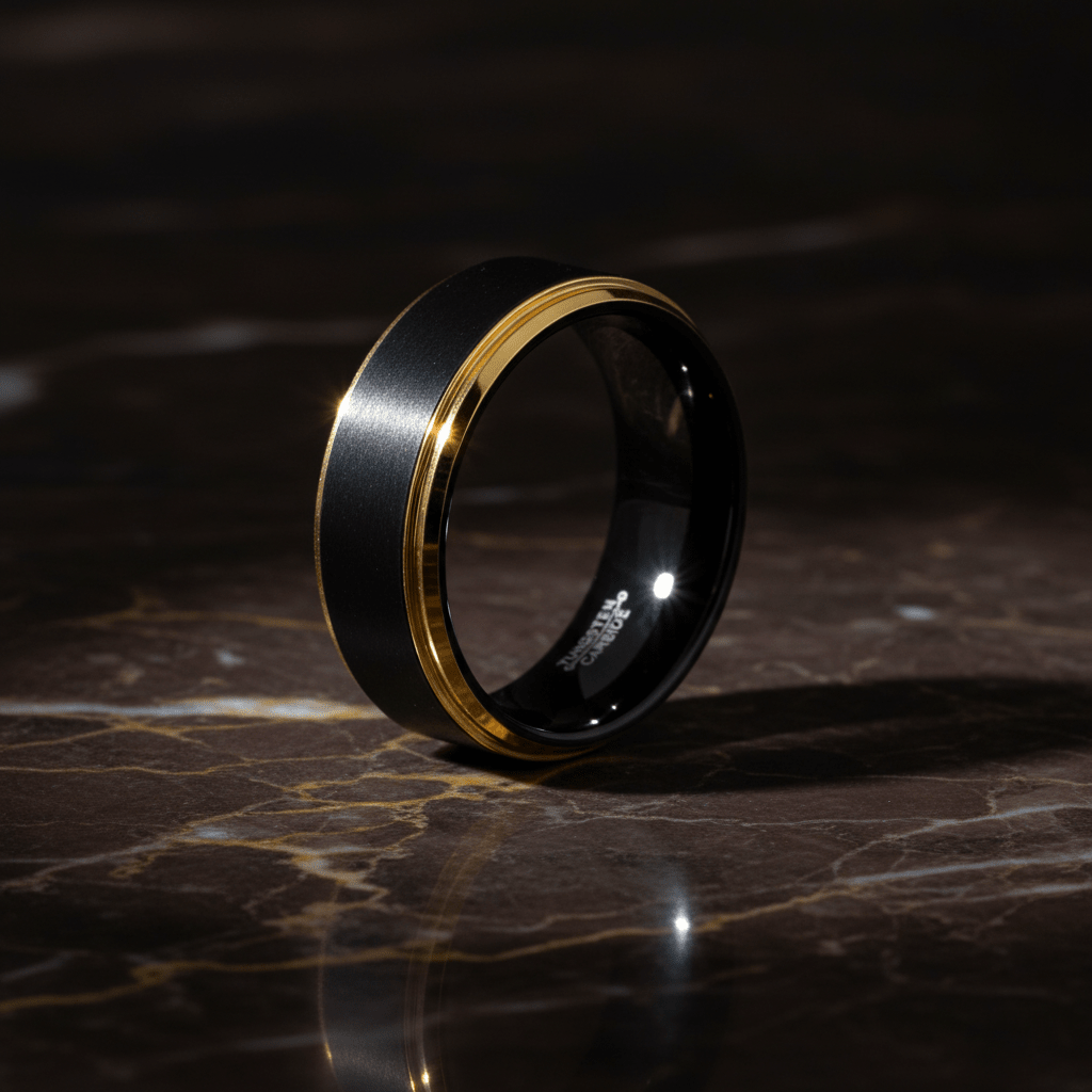 DEIMOS — Luxury 3/4 angle on dark marble — men's tungsten wedding ring.