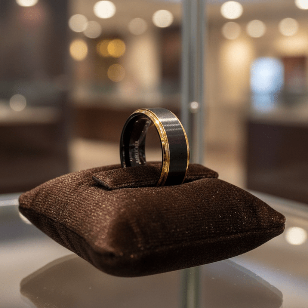 DEIMOS — Premium boutique display on velvet — men's tungsten wedding ring.