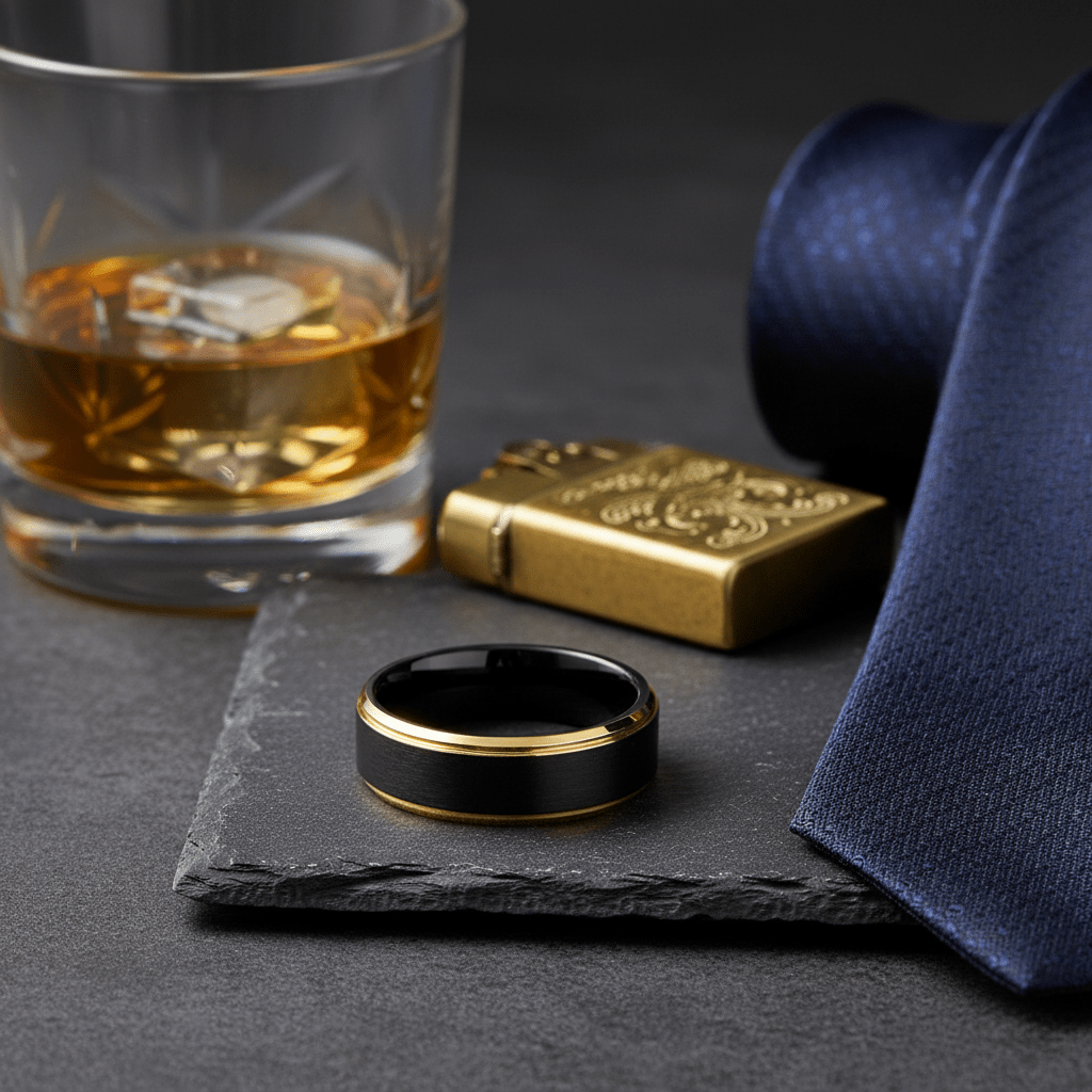 DEIMOS — Editorial masculine still life — men's tungsten wedding ring.