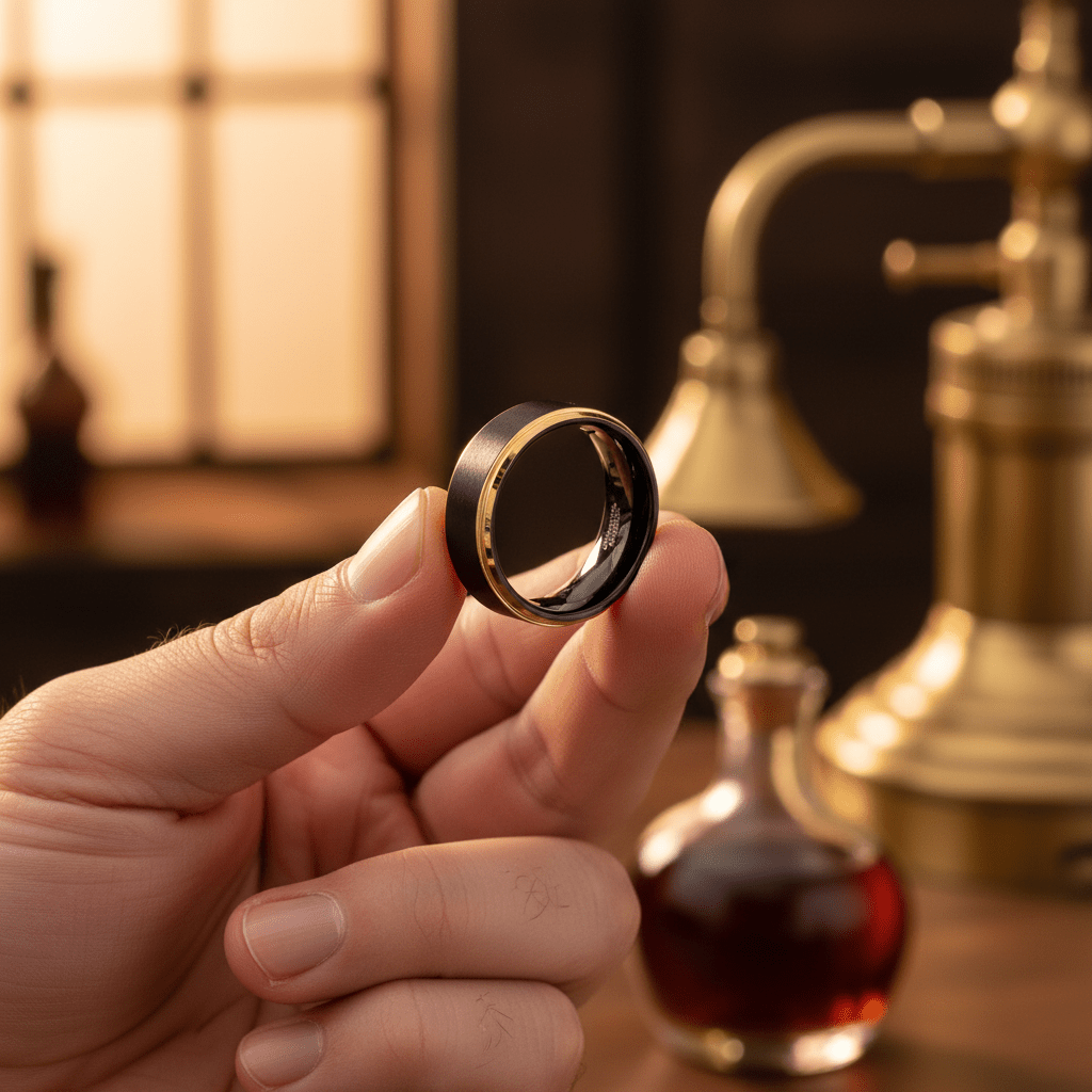 DEIMOS — Held between fingers close-up — men's tungsten wedding ring.