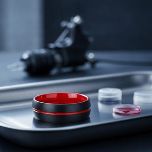 Aydins DEMON | Red Ring, Black Tungsten Ring, Red Groove, Domed lifestyle scene, tattoo studio