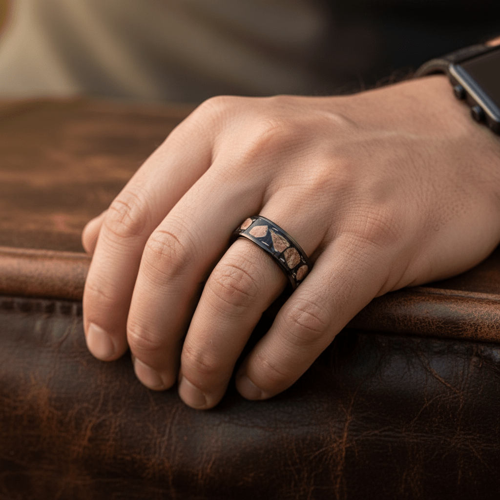 DESERTSTONE — Lifestyle photo on hand — men's tungsten wedding ring.