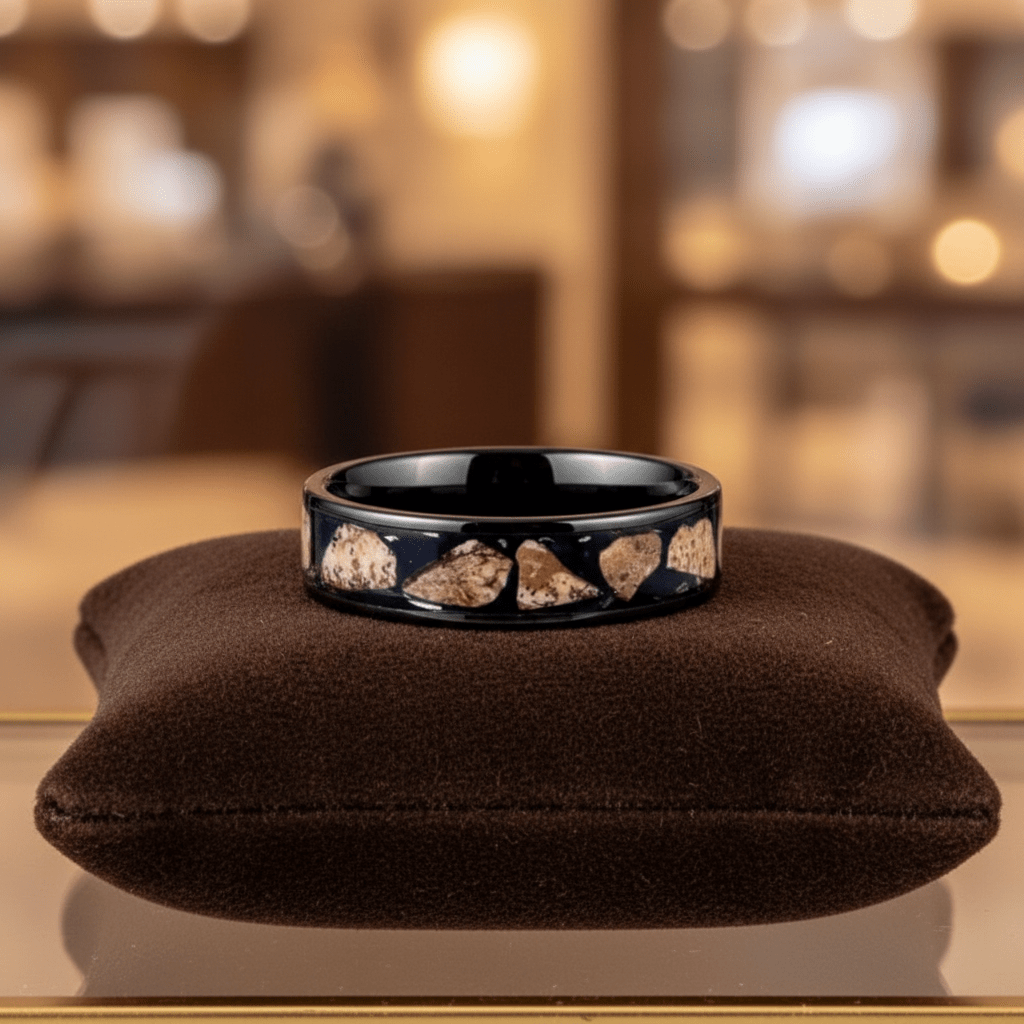 DESERTSTONE — Premium boutique display on velvet — men's tungsten wedding ring.
