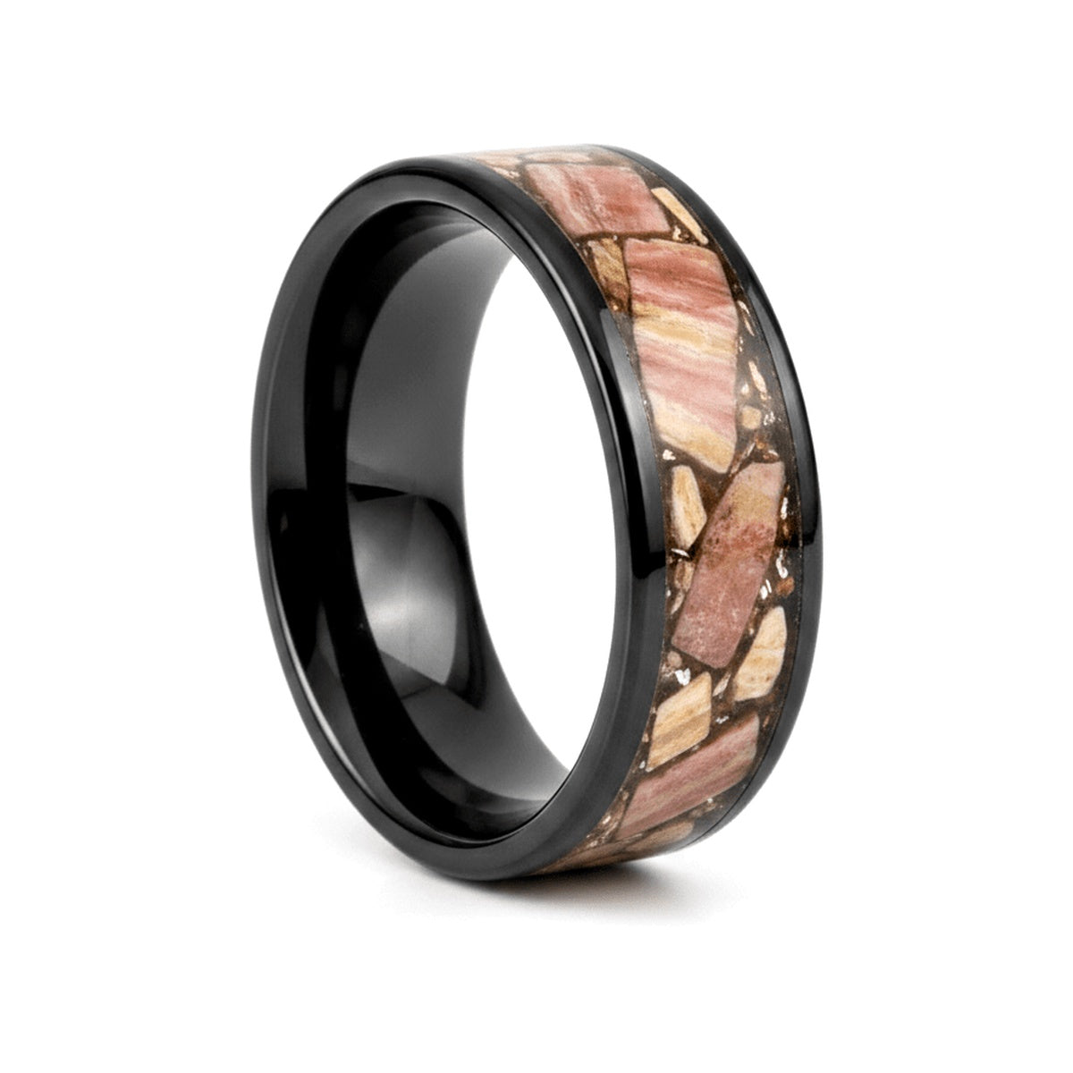 DESERTSTONE black tungsten wedding ring with rhodochrosite inlay and beveled edges - front view