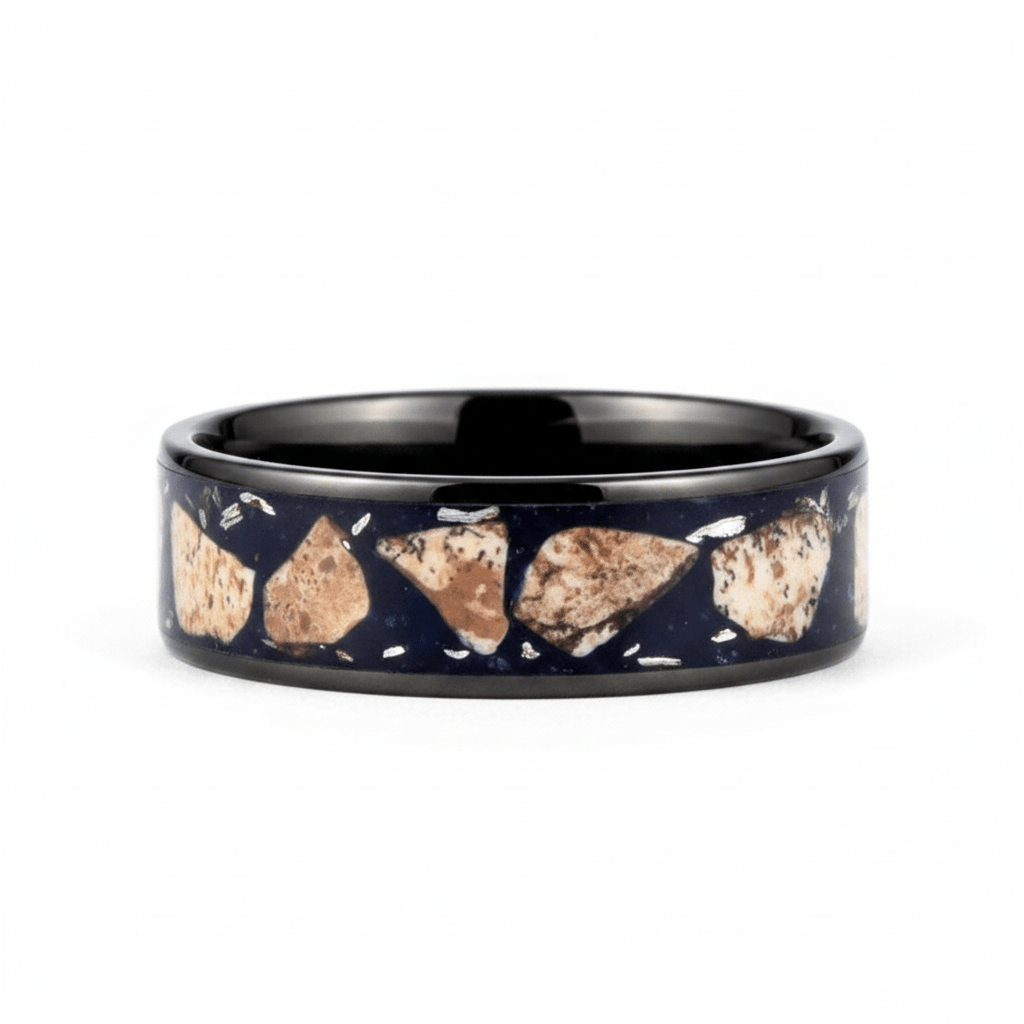 DESERTSTONE — Front-facing straight-on view — men's tungsten wedding ring.