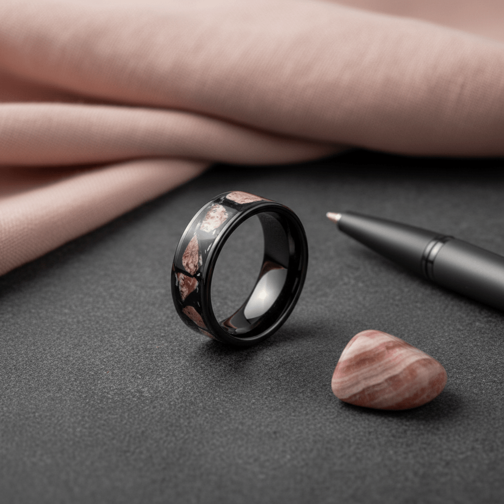 DESERTSTONE — Editorial masculine still life — men's tungsten wedding ring.