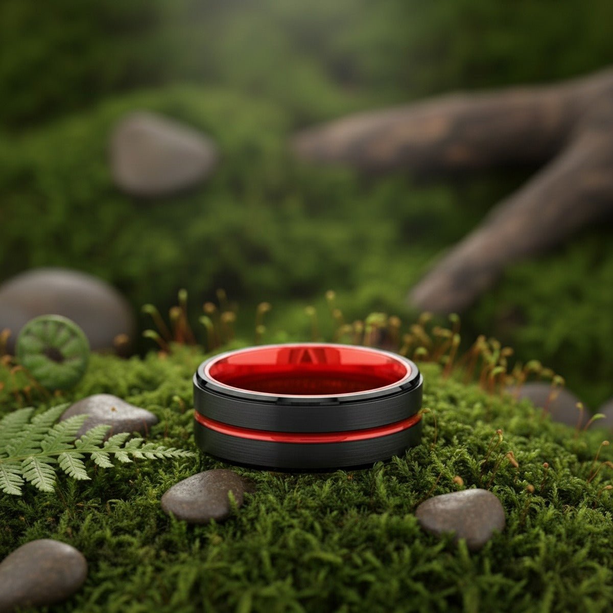 Aydins DEVILBLOOD | Red Ring, Black Tungsten Ring, Red Groove, Stepped Edge lifestyle scene, moss forest