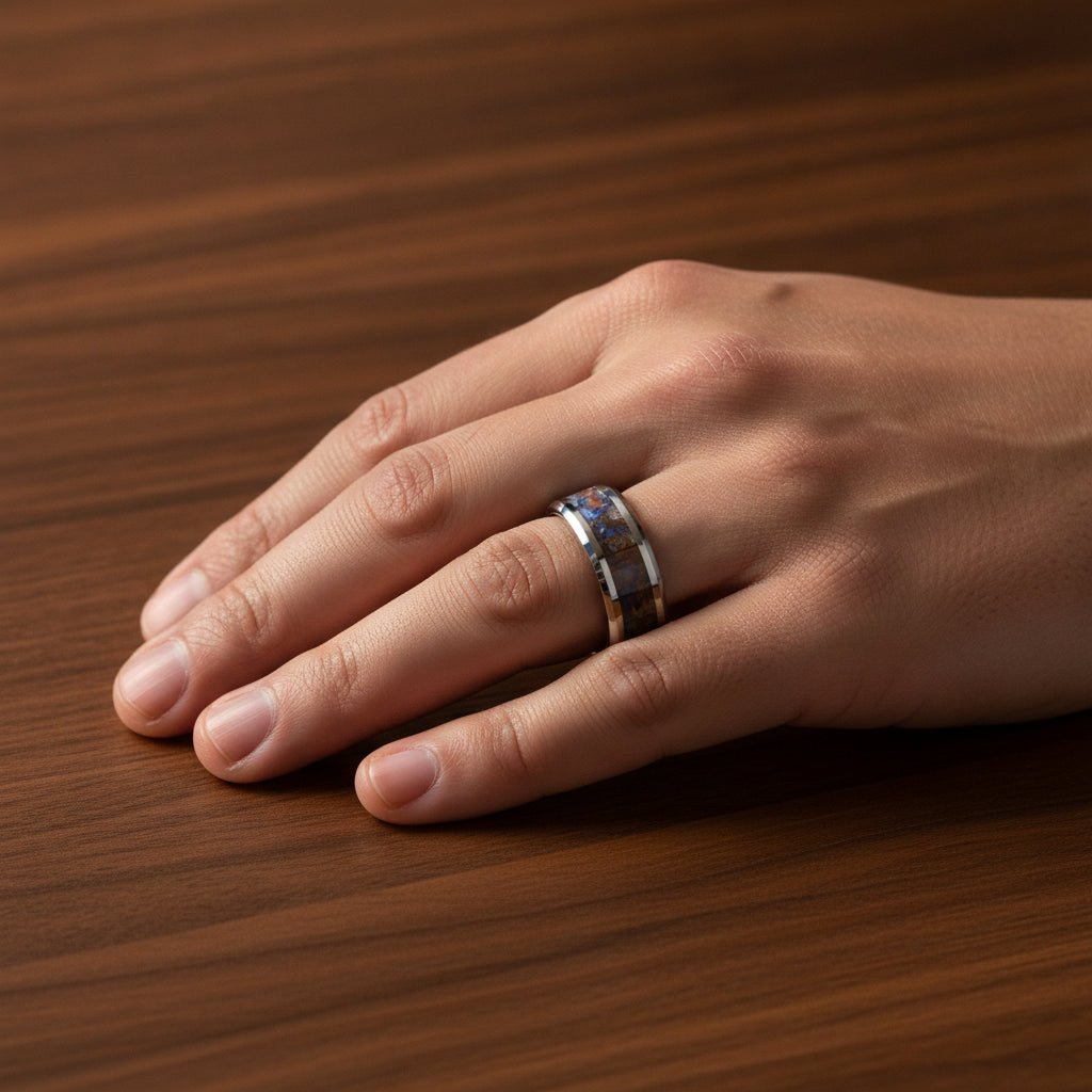 DEVONIAN silver tungsten carbide ring with blue dinosaur bone inlay running around the band and polished beveled edges worn on man's hand resting on walnut wood, lifestyle photo