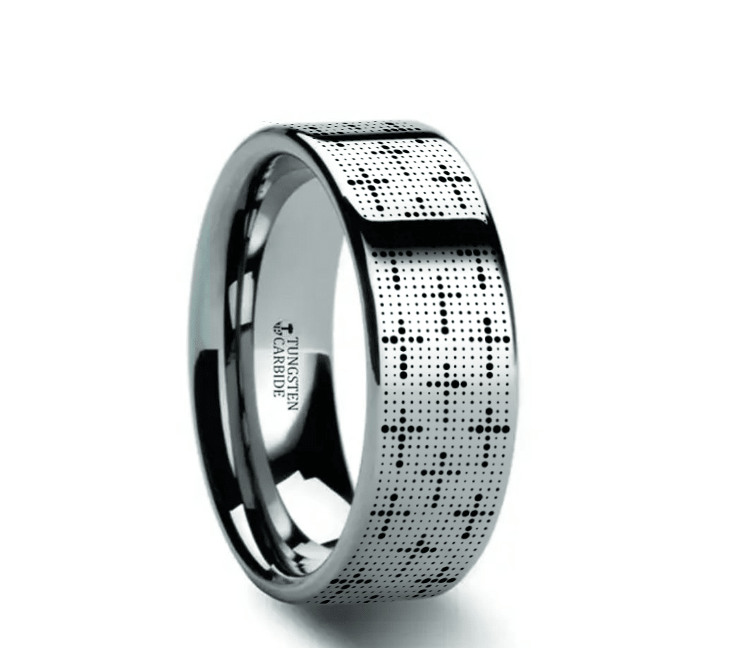 DEVOUT Silver tungsten Christian wedding ring — angle 1