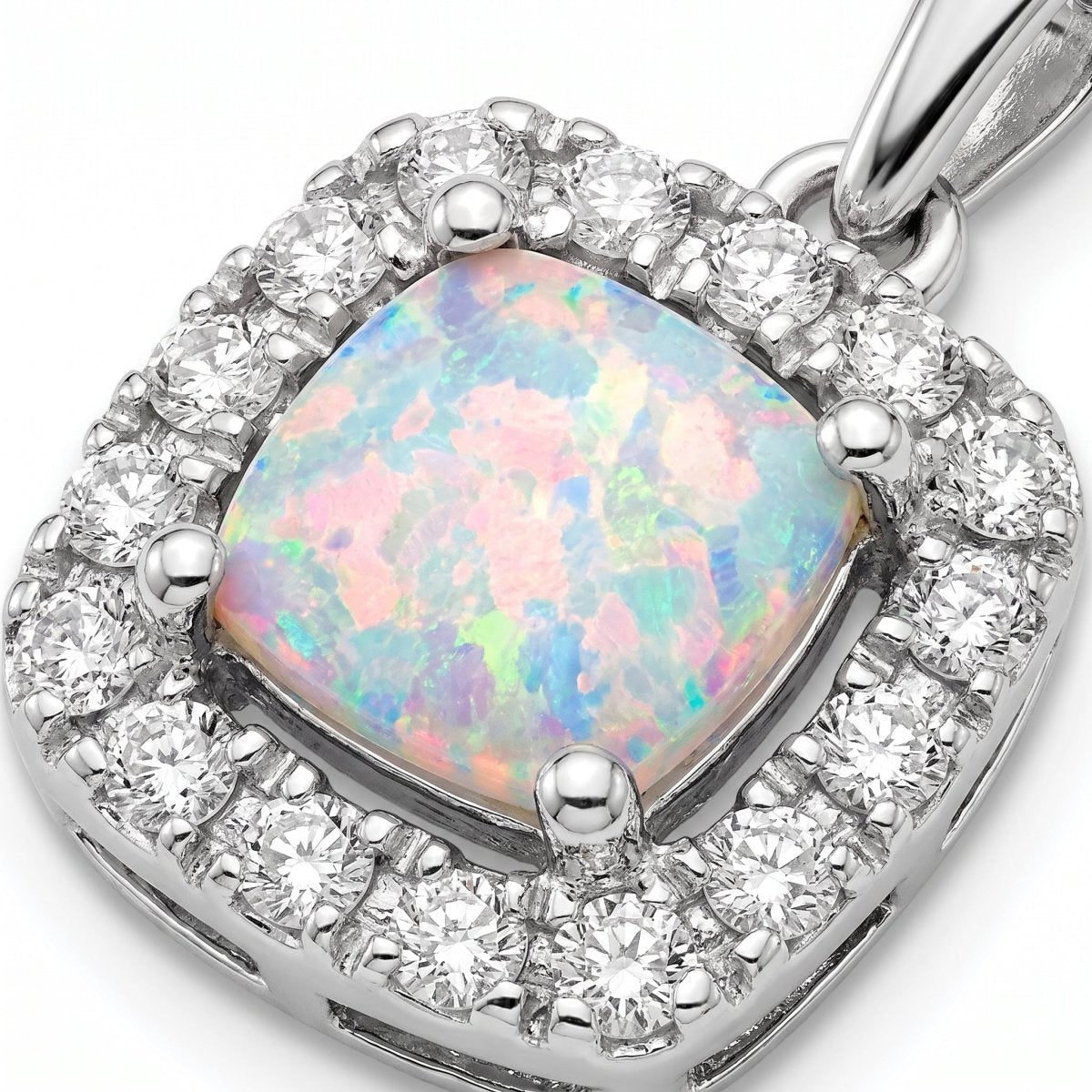 Diamond and Lab Opal Necklace, silver, lab opal and diamonds, setting close-up