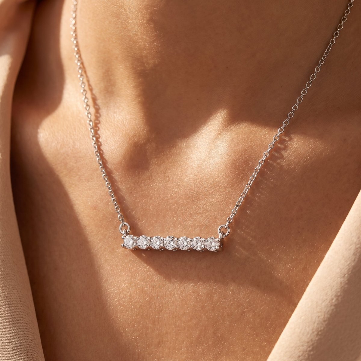 Diamond Bar Necklace With Chain, silver, lab grown diamonds, worn on a model