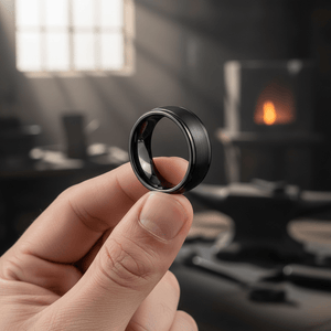 DION — Held between fingers close-up — men's tungsten wedding ring.