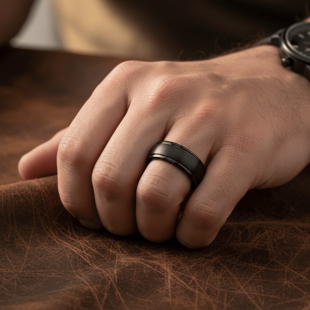 DION — Lifestyle photo on hand — men's tungsten wedding ring.