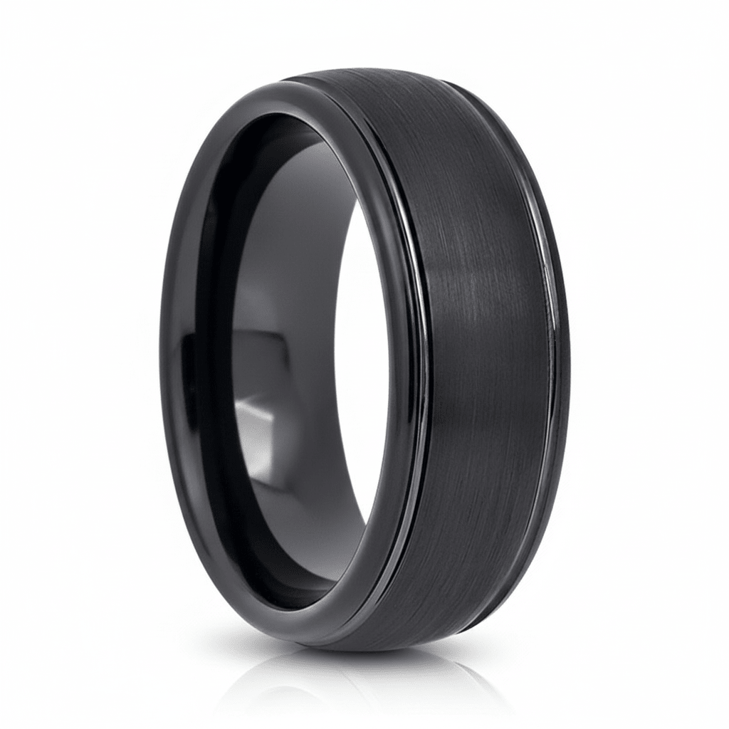 DION — Hero product shot — men's tungsten wedding ring.