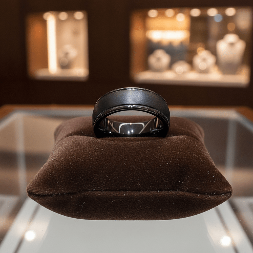 DION — Premium boutique display on velvet — men's tungsten wedding ring.