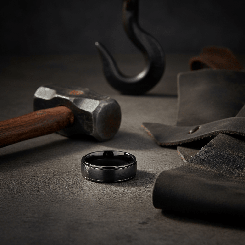 DION — Editorial masculine still life — men's tungsten wedding ring.
