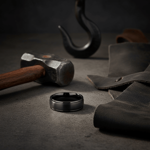 DION — Editorial masculine still life — men's tungsten wedding ring.