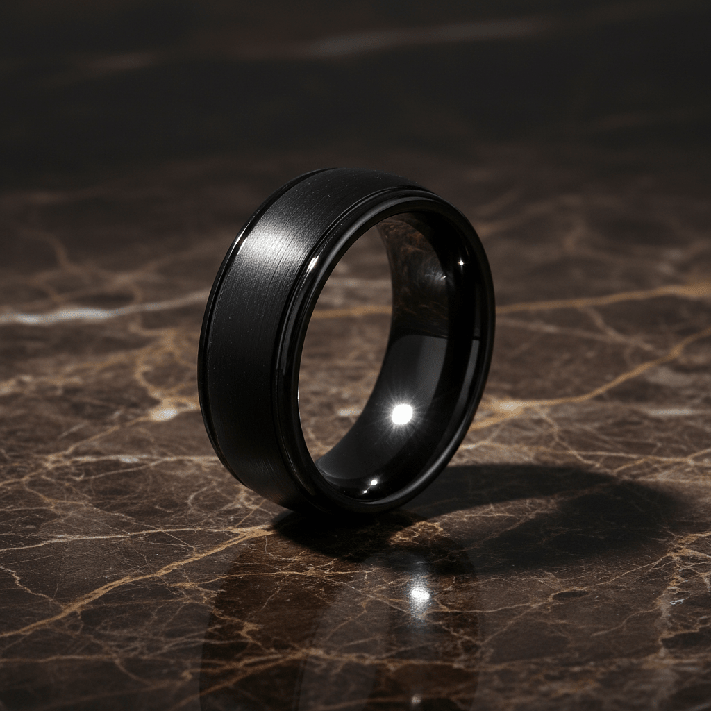 DION — Luxury 3/4 angle on dark marble — men's tungsten wedding ring.