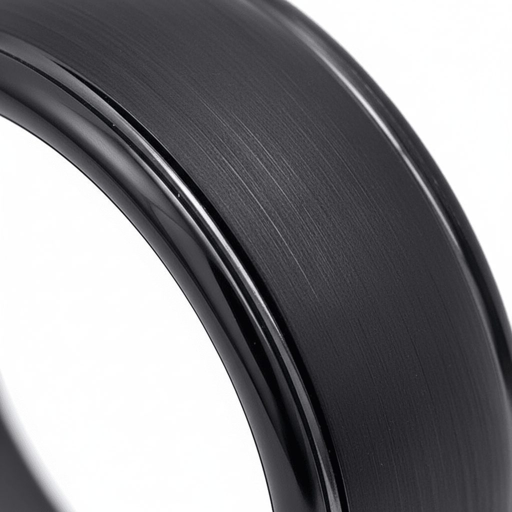 DION — Extreme macro detail — men's tungsten wedding ring.