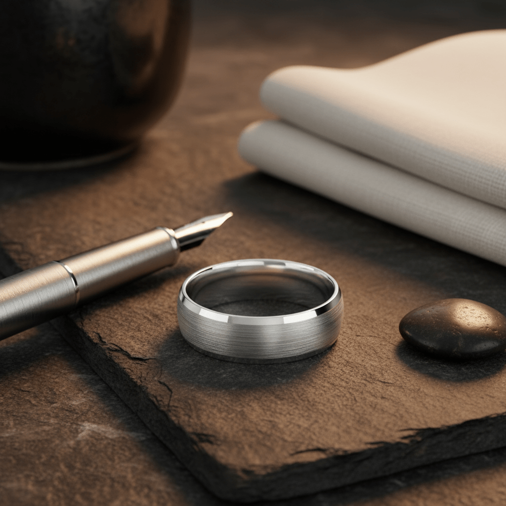 DOMESCAPE — Editorial masculine still life — men's tungsten wedding ring.