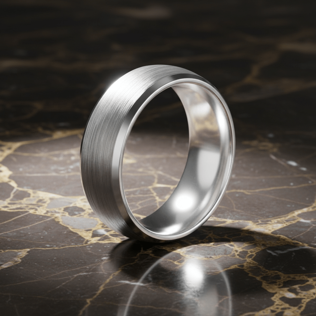 DOMESCAPE — Luxury 3/4 angle on dark marble — men's tungsten wedding ring.