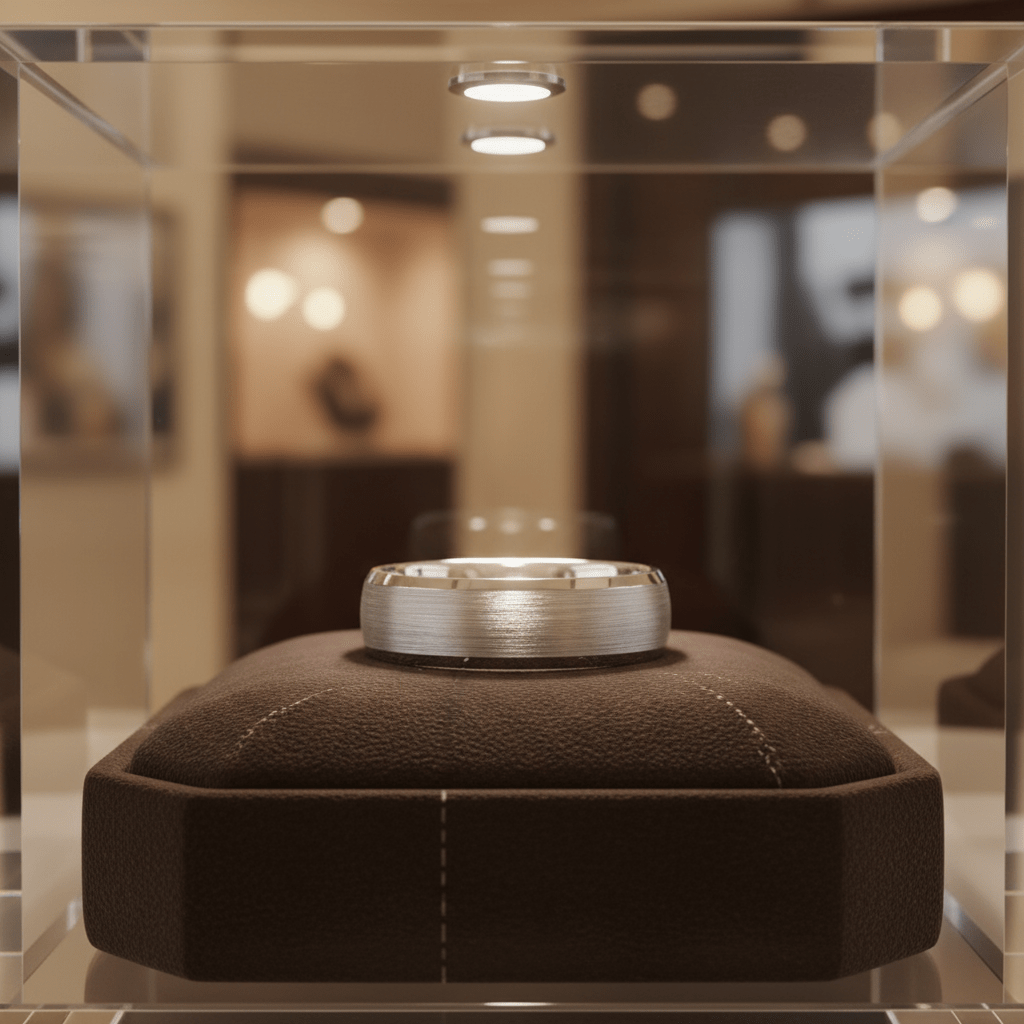 DOMESCAPE — Premium boutique display on velvet — men's tungsten wedding ring.