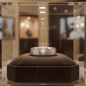 DOMESCAPE — Premium boutique display on velvet — men's tungsten wedding ring.