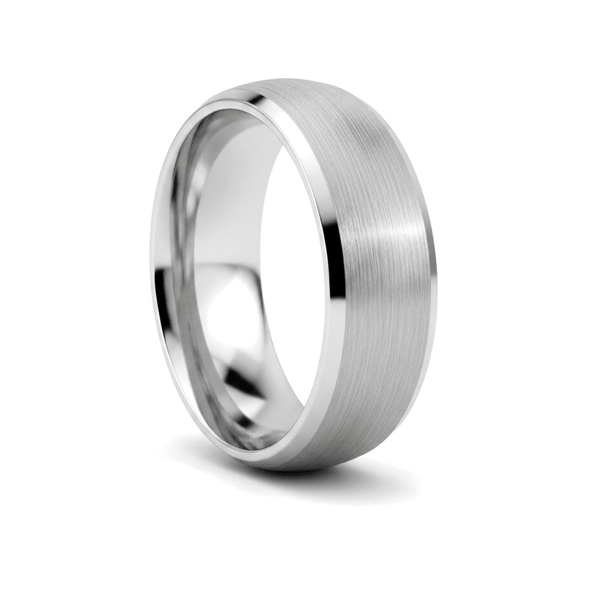 DOMESCAPE silver tungsten wedding ring with brushed domed center and beveled edges - front view