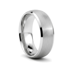 DOMESCAPE silver tungsten wedding ring with brushed domed center and beveled edges - front view