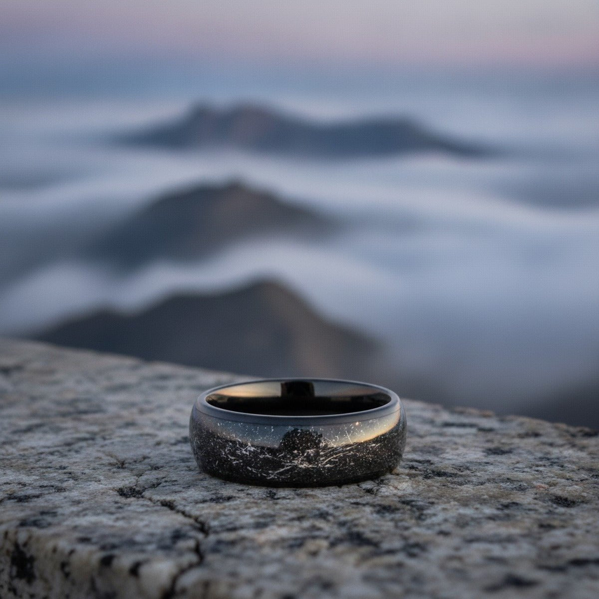 Aydins DOMINATOR | Black Tungsten Black Meteorite Inlay Domed Wedding Ring 8mm | Aydins lifestyle scene, granite overlook