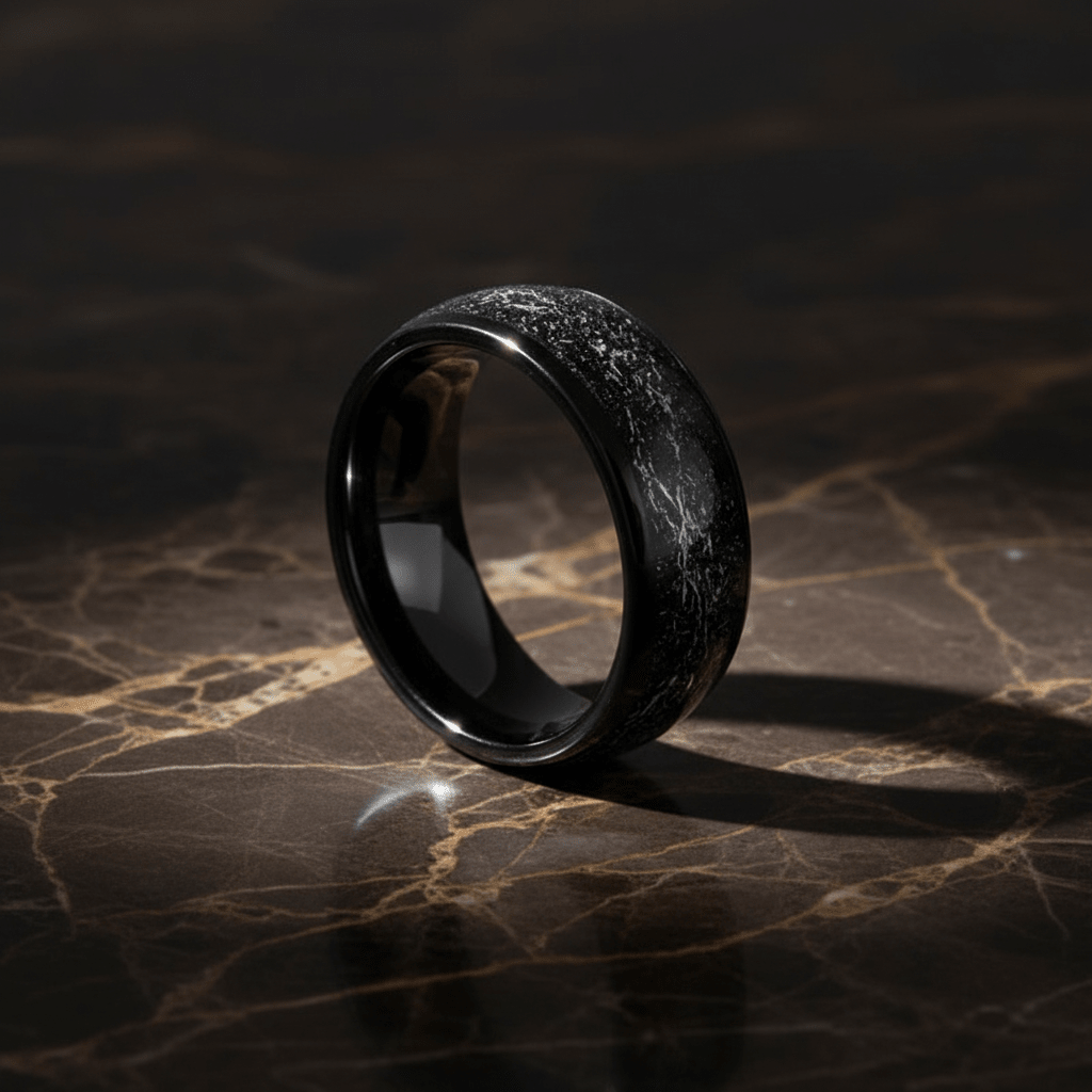 DOMINATOR — Luxury 3/4 angle on dark marble — men's tungsten wedding ring.