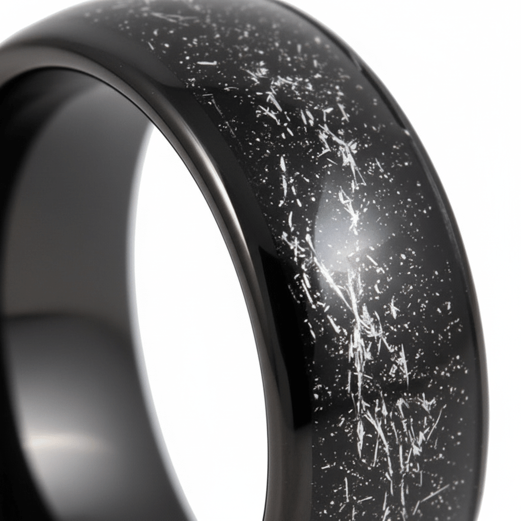 DOMINATOR — Extreme macro detail — men's tungsten wedding ring.