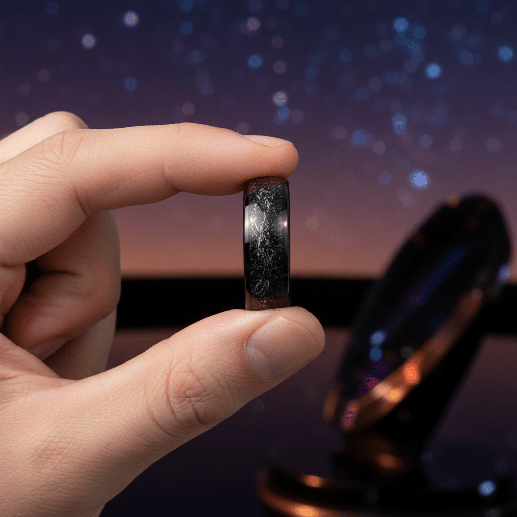 DOMINATOR — Held between fingers close-up — men's tungsten wedding ring.