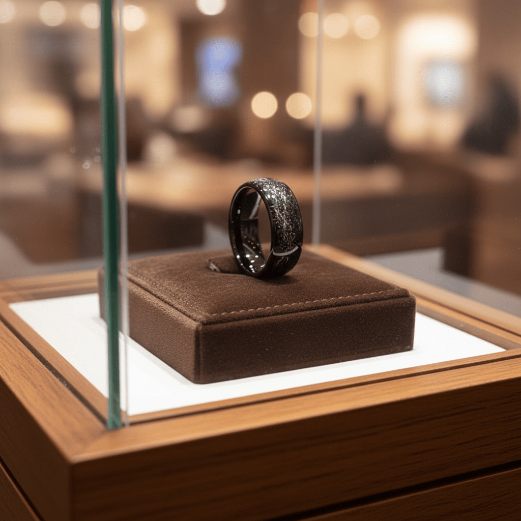 DOMINATOR — Premium boutique display on velvet — men's tungsten wedding ring.