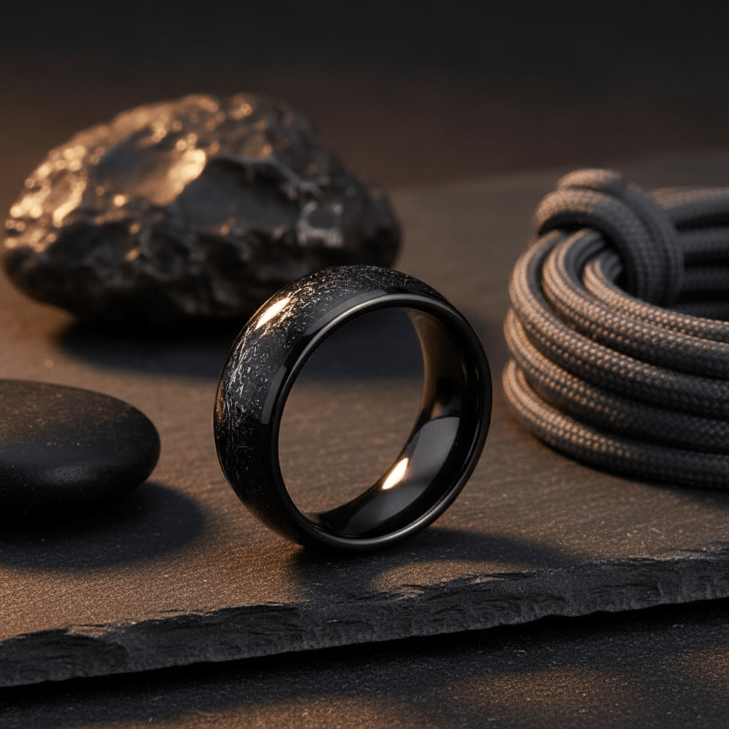 DOMINATOR — Editorial masculine still life — men's tungsten wedding ring.