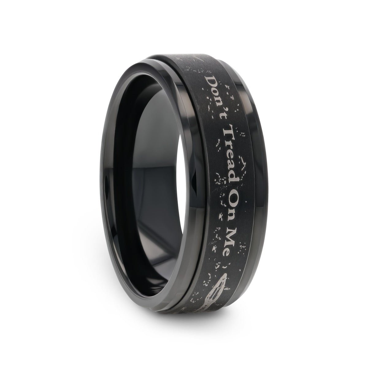 DON'T TREAD ON ME black tungsten carbide ring, side view