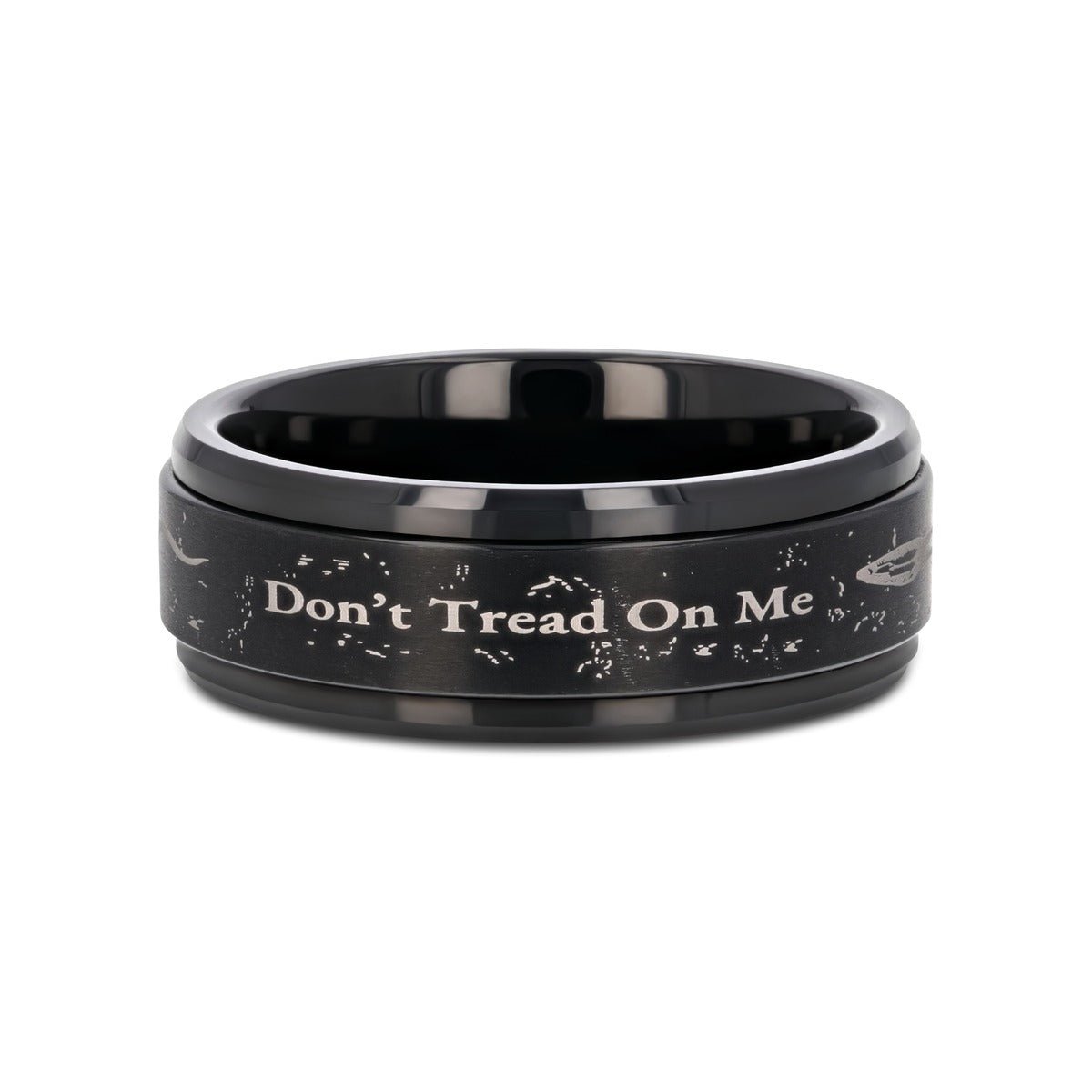 DON'T TREAD ON ME black tungsten carbide ring, top view