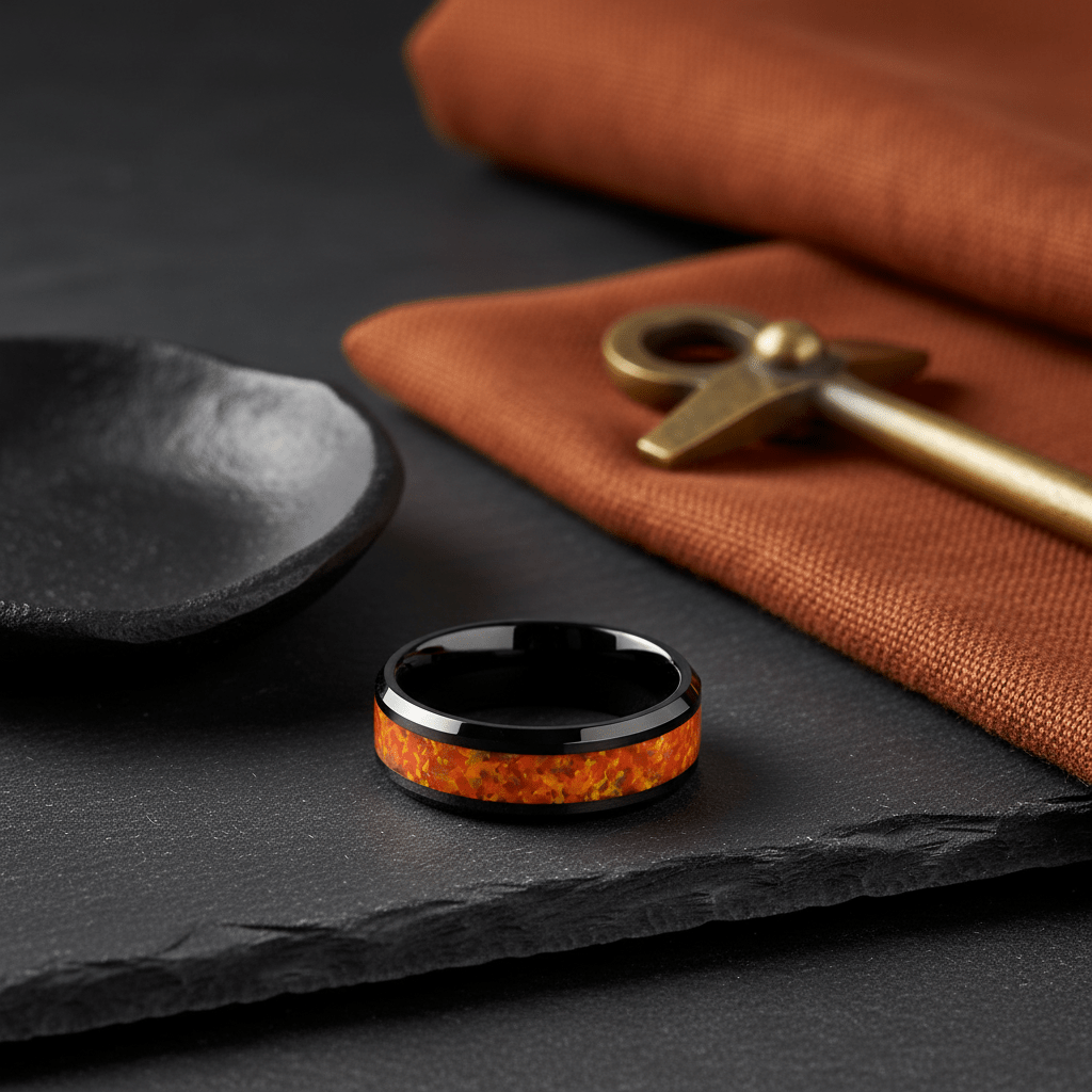 DRAGON — Editorial masculine still life — men's tungsten wedding ring.