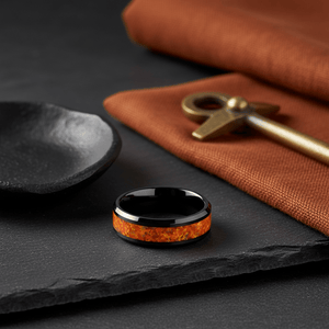 DRAGON — Editorial masculine still life — men's tungsten wedding ring.